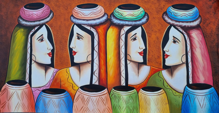 LADIES OF VILLAGE (ART_3319_76210) - Handpainted Art Painting - 48in X 24in