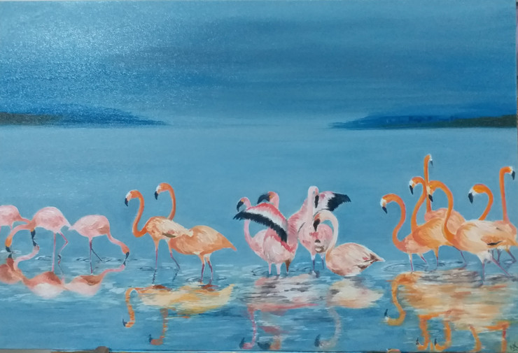 Flamingos (ART_8697_76182) - Handpainted Art Painting - 30in X 20in