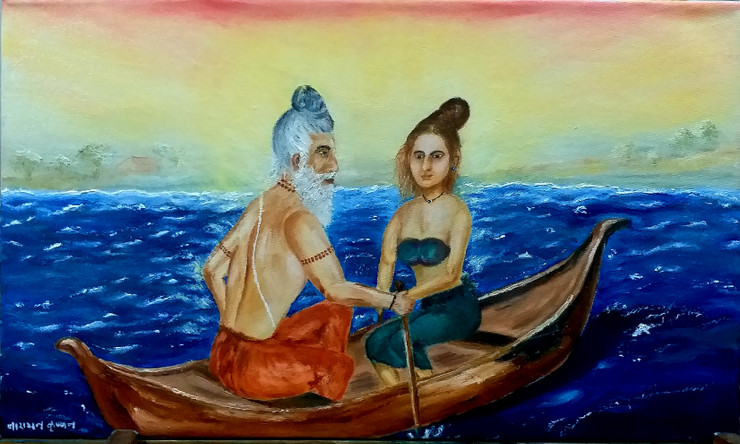 Sage Parashar meets Matsyagandhi (ART_8697_76181) - Handpainted Art Painting - 20in X 12in