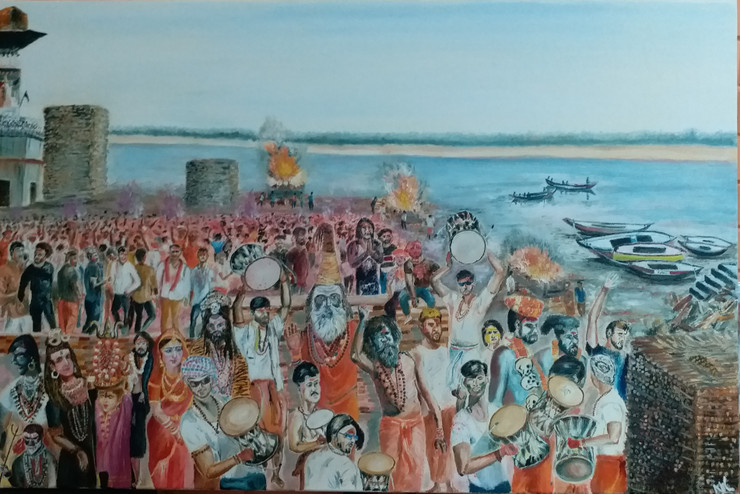 Masan Holi-Varanasi (ART_8697_76178) - Handpainted Art Painting - 30in X 20in