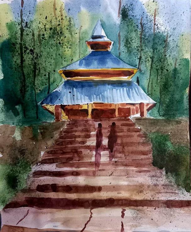 SHIMLA TEMPLE  (ART_8950_76148) - Handpainted Art Painting - 12in X 10in