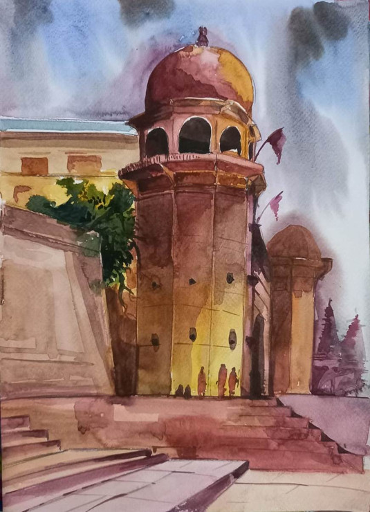 KASHI GHAT  CHET SINGH KILA  (ART_8950_76146) - Handpainted Art Painting - 16in X 12in