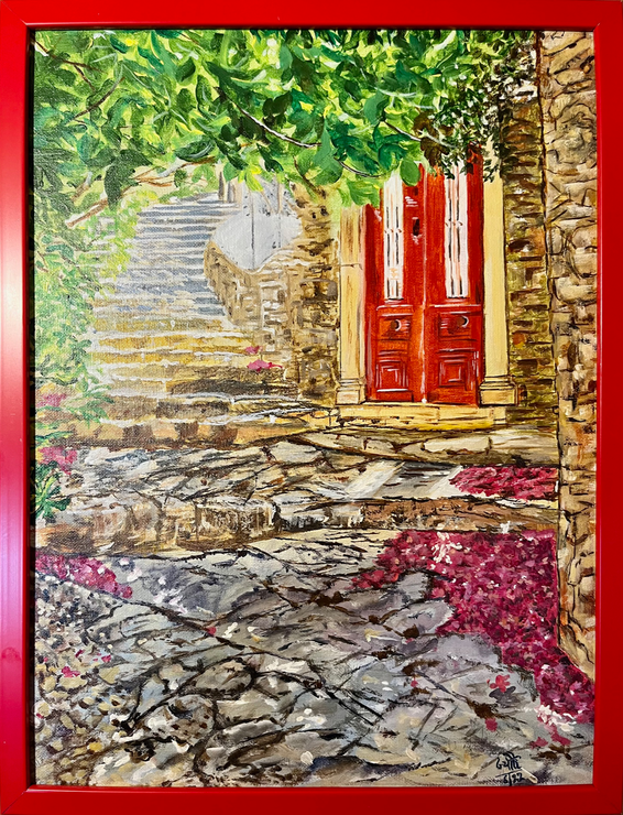 The Red Door of Symi (ART_9073_76251) - Handpainted Art Painting - 12in X 16in