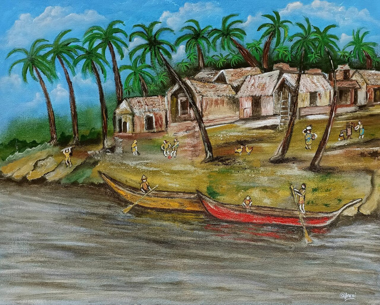 A village (ART_9097_76284) - Handpainted Art Painting - 21in X 17in