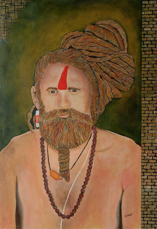 Sadhu  (ART_9097_76283) - Handpainted Art Painting - 19in X 28in