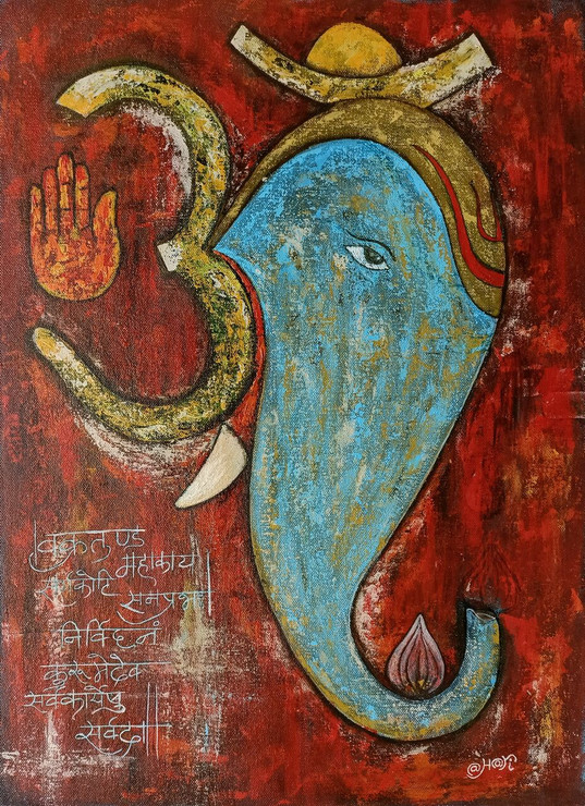 Lord Ganesha  (ART_9097_76281) - Handpainted Art Painting - 16in X 22in
