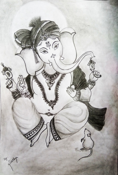 The lord Ganesha !- Pencil work! (ART_9101_76220) - Handpainted Art Painting - 8in X 10in