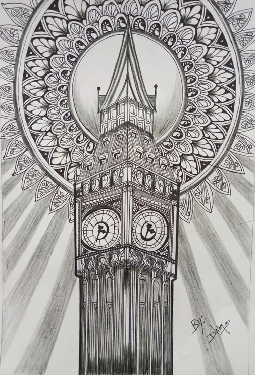 Black and white Mandala Art - Big Ben  (ART_9101_76219) - Handpainted Art Painting - 8in X 11in