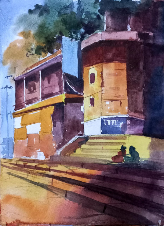 BANARAS GHAT  (ART_8950_76253) - Handpainted Art Painting - 15in X 11in