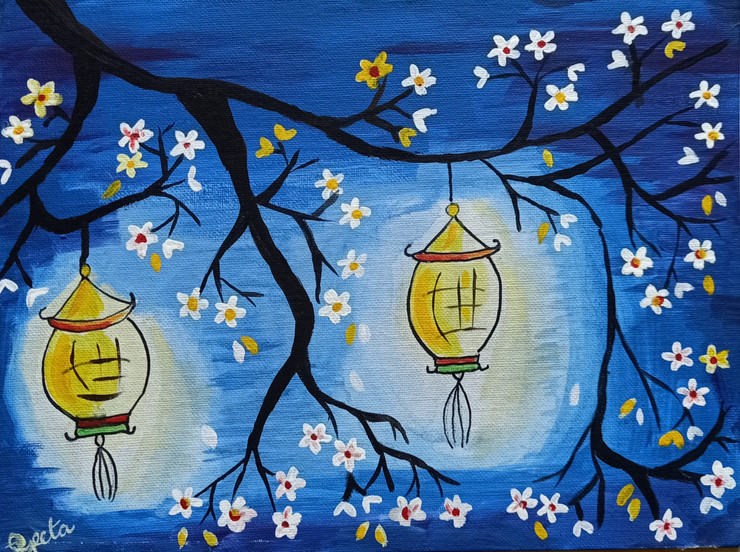 Lantern Blossom (ART_9076_76565) - Handpainted Art Painting - 9in X 12in