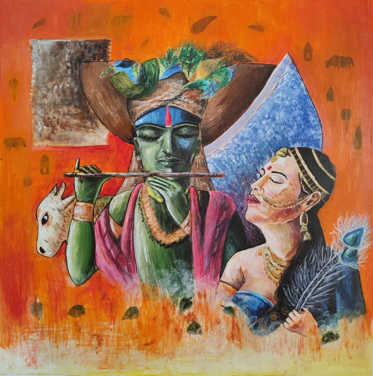 Krishna And Radha (ART_9080_75927) - Handpainted Art Painting - 23 in X 23in