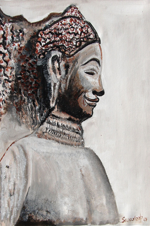 HEAD OF BUDDHA-3 (ART_6175_76672) - Handpainted Art Painting - 18in X 24in