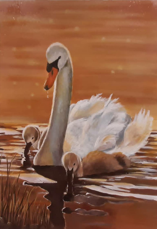 Mama Duck and ducklings. (ART_9115_76664) - Handpainted Art Painting - 20in X 28in