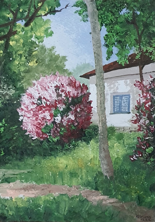 Back Yard flora (ART_9117_76582) - Handpainted Art Painting - 6in X 8in