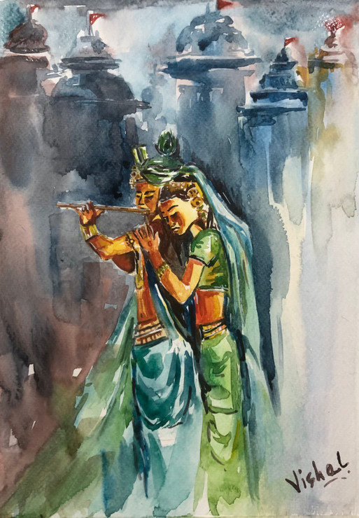 Radha Krishna (ART_585_76803) - Handpainted Art Painting - 8 in X 12in