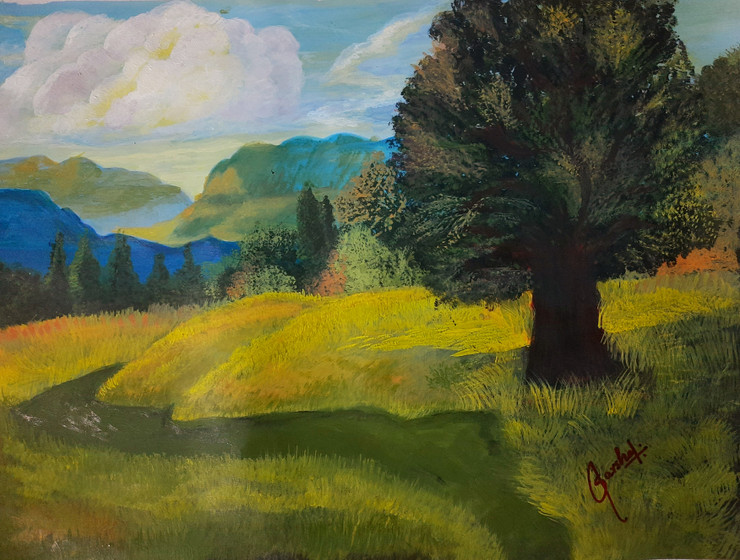 A peaceful grass land - Scenery painting  (ART_9120_76800) - Handpainted Art Painting - 13in X 10in