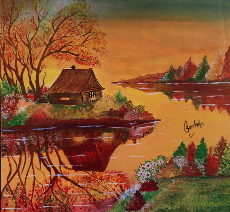 A wild hut in a dramatic sunset (ART_9120_76798) - Handpainted Art Painting - 9in X 9in