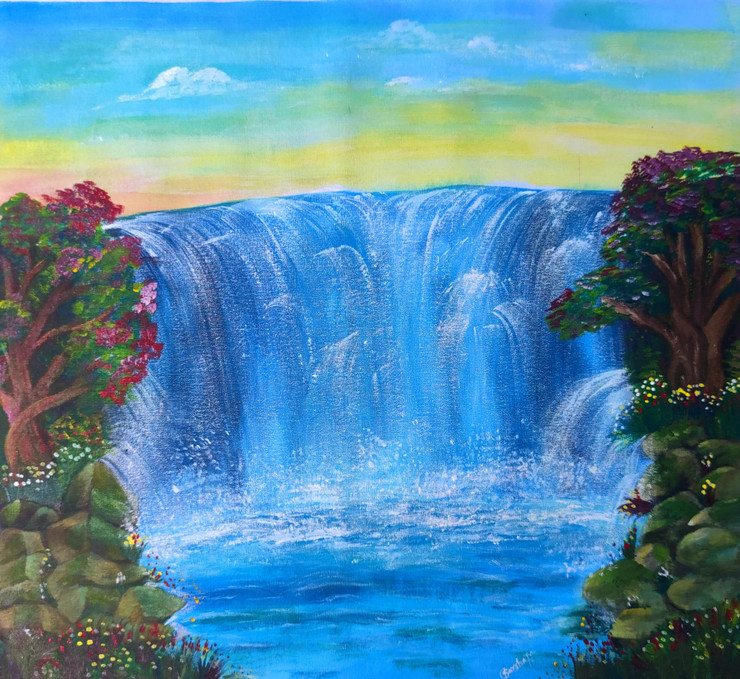 A peaceful waterfall painting  (ART_9120_76792) - Handpainted Art Painting - 18in X 16in