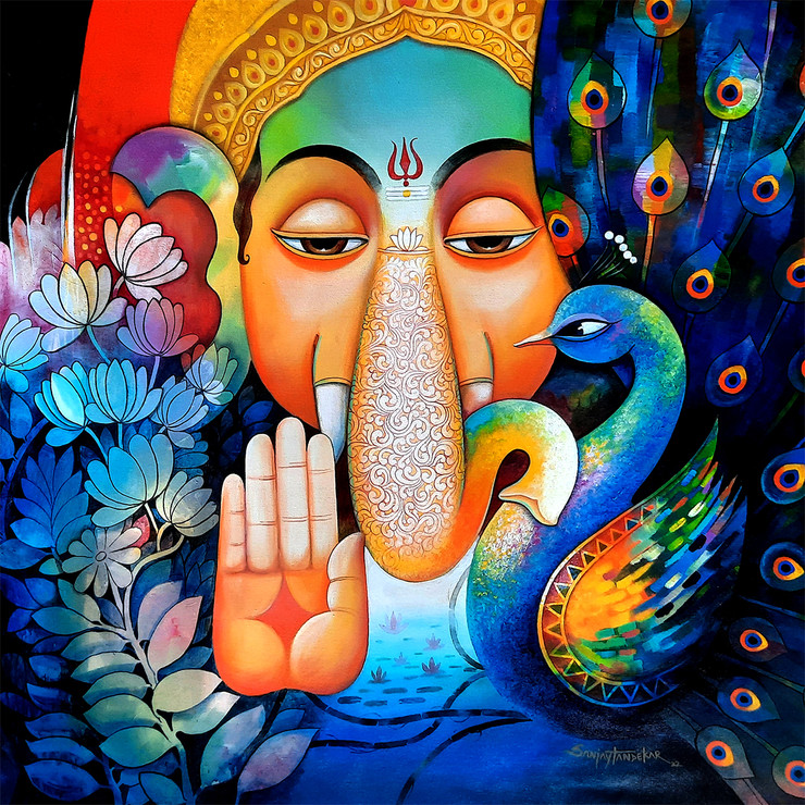 Lord Ganesha 2 (ART_3298_76778) - Handpainted Art Painting - 36in X 36in