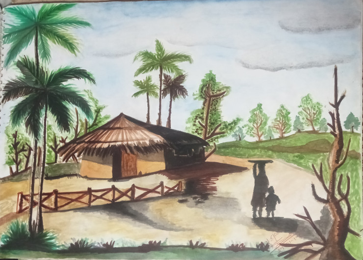 Indian Village culture  (ART_9133_76891) - Handpainted Art Painting - 10in X 8in