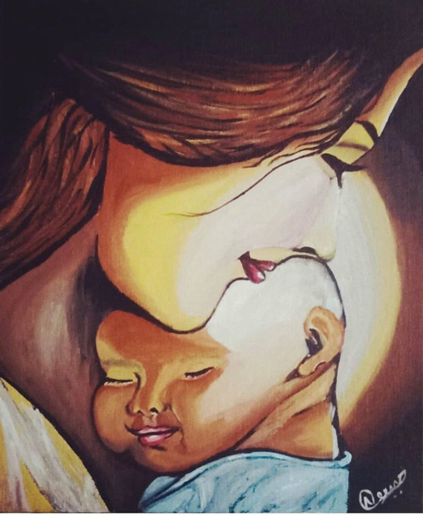 Mother Baby  (ART_9132_76849) - Handpainted Art Painting - 10in X 12in