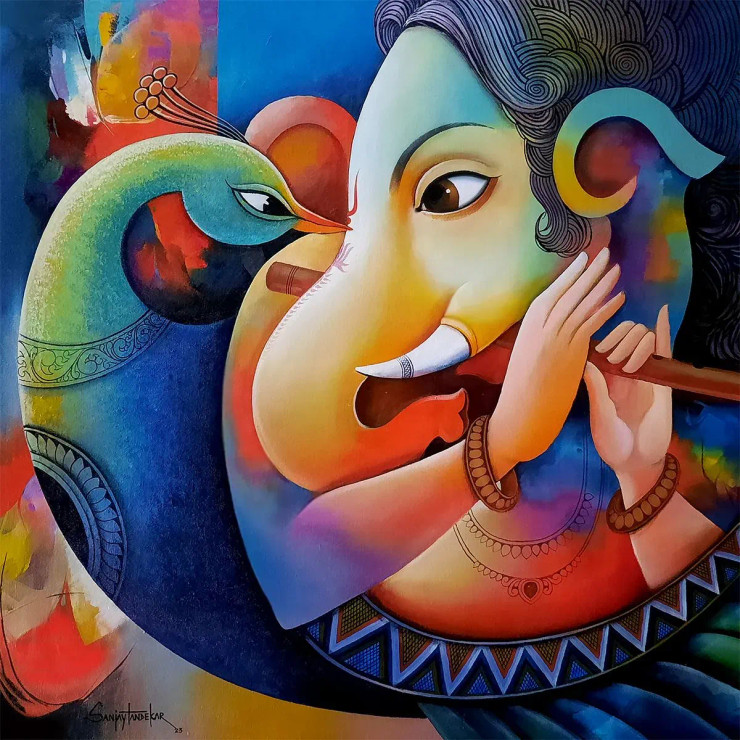 Ganesha 7 (ART-3298-100090) - Handpainted Art Painting - 36 in X 36in