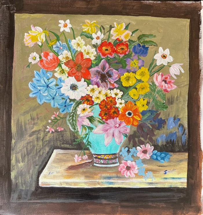Blooming Serenity - 13x15 Flower Vase Painting (ART_8643_76947) - Handpainted Art Painting - 13in X 15in