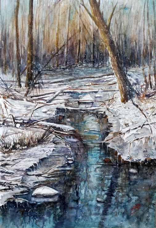 Winter Beauty On Lake (ART-7460-100086) - Handpainted Art Painting - 15 in X 22in