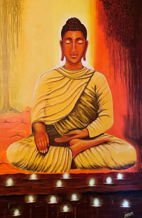 Budha Full Body (ART-1842-100120) - Handpainted Art Painting - 37 in X 58in