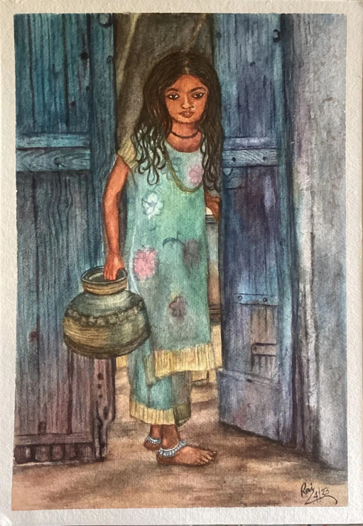 A Little Girl Of Village Going To Fetch Water. (ART-8729-100092) - Handpainted Art Painting - 12 in X 16in