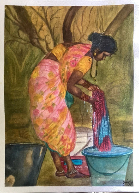 An Indian Village Woman Doing Her Daily Chores. (ART-8729-100093) - Handpainted Art Painting - 11 in X 15in