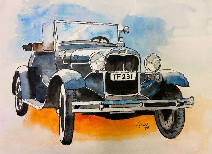 Vintage Car-3 (ART-3013-100130) - Handpainted Art Painting - 15 in X 11in