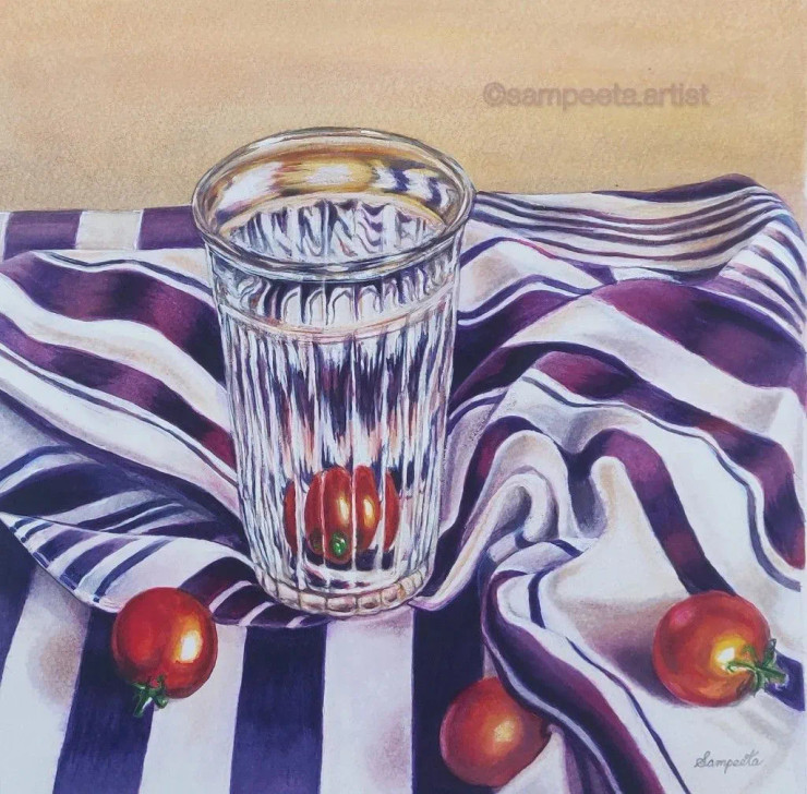Glass In Folds (ART-2393-100210) - Handpainted Art Painting - 12 in X 11in