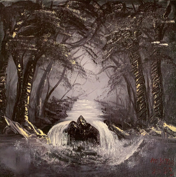 Dark Forest Waterfall Oil Painting (ART-8067-100233) - Handpainted Art Painting - 10in X 10in