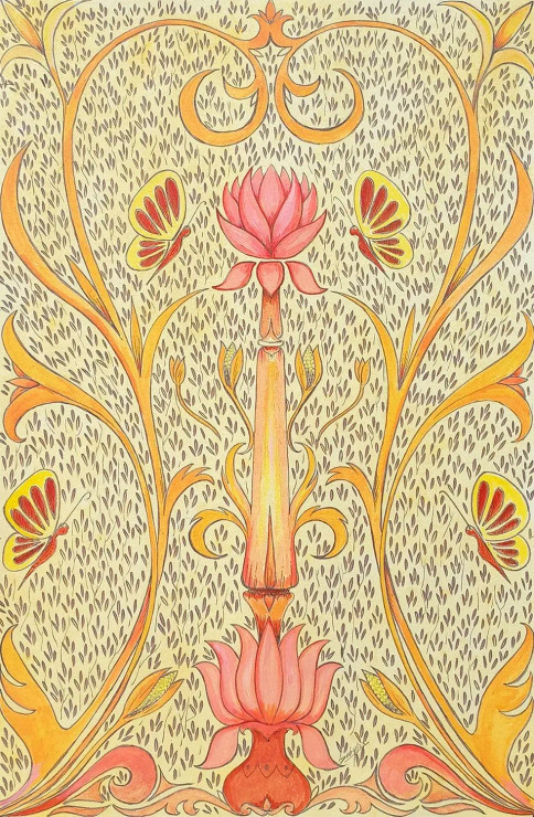 Lotus And Butterflies (ART-464-100365) - Handpainted Art Painting - 12in X 19in
