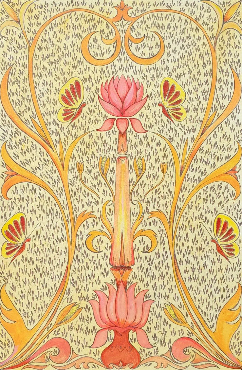 Lotus And Butterflies (ART-464-100365) - Handpainted Art Painting - 12 in X 19in