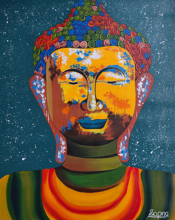 Painting Of Beautiful And Charming Face Of Buddha (ART-8891-100358) - Handpainted Art Painting - 29 in X 36in