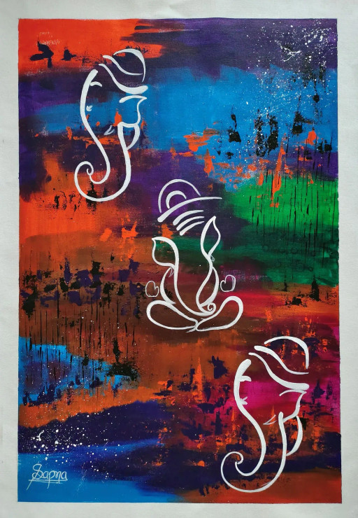 Ganesha Painting With Multi Colored Background, Handmade Acrylic Painting (ART-8891-100354) - Handpainted Art Painting - 21 in X 31in