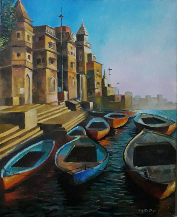 Banaras Ghat Painting (ART-4209-100366) - Handpainted Art Painting - 16in X 20in