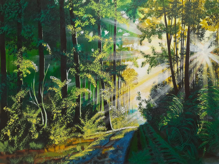 Dark Forest And Sun Beam Handmade Painting (ART-8891-100360) - Handpainted Art Painting - 21 in X 16in