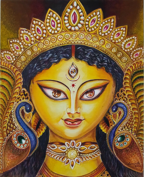 Durga Maa (ART-2393-100225) - Handpainted Art Painting - 10 in X 12in