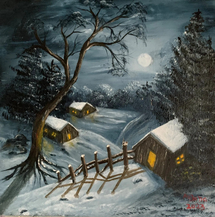 Winter Night (ART-8067-100377) - Handpainted Art Painting - 10 in X 10in