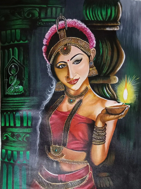 Indian Lady (ART-15079-100433) - Handpainted Art Painting - 24 in X 36in