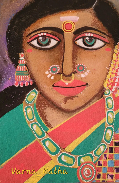 South Indian Lady Portrait (ART-8079-100472) - Handpainted Art Painting - 11 in X 16in