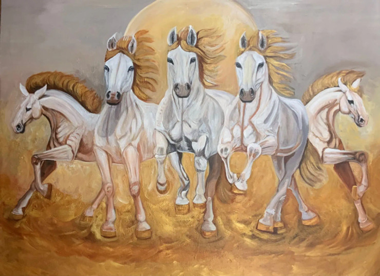 5 White Galloping Horses (ART-15085-100495) - Handpainted Art Painting - 42 in X 32in