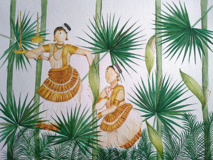 Green Land Traditional Mohiniyattam (ART-8972-100643) - Handpainted Art Painting - 16 in X 12in