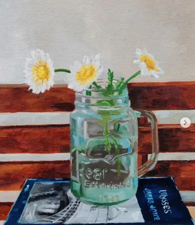 Daisies In A Mason Jar (ART-15151-100641) - Handpainted Art Painting - 8 in X 10in