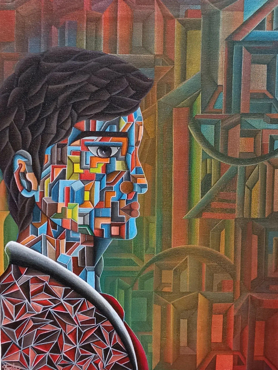 GEOMETRICAL SIDE FACE 2 (ART-8439-100696) - Handpainted Art Painting - 15in X 20in