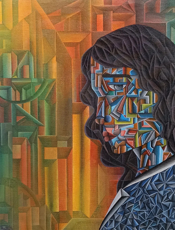 GEOMETRICAL SIDE FACE 2 (ART-8439-100695) - Handpainted Art Painting - 15in X 20in