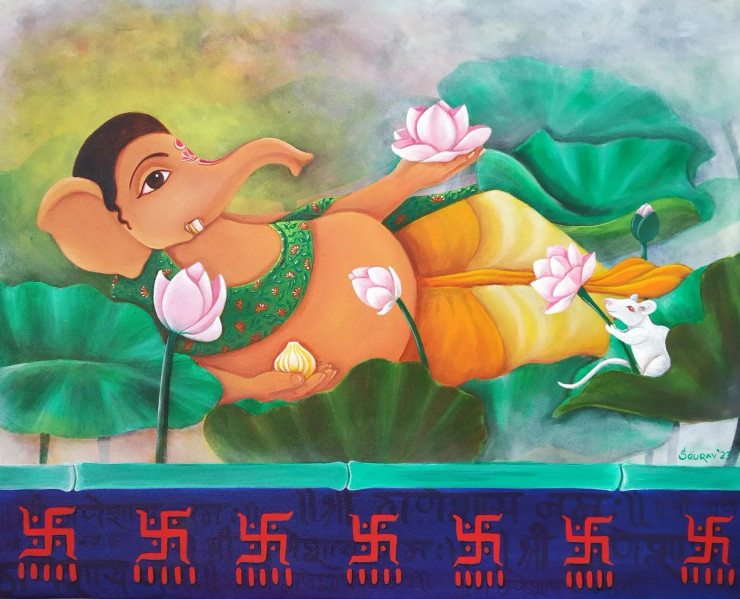 Padma (Ganesha) (ART-15181-100734) - Handpainted Art Painting - 30 in X 24in